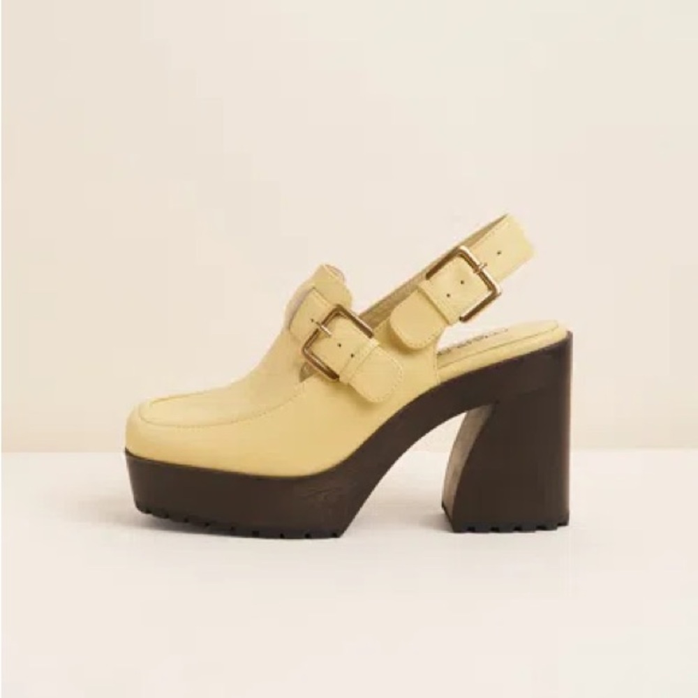 Charlotte Stone Yellow Leather Platform Clog Mules with Brown Block Heel